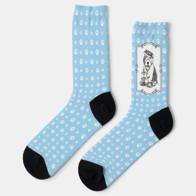 Cute Girly Tea Party Old English Sheepdog (Grey 1) Socks (Left)