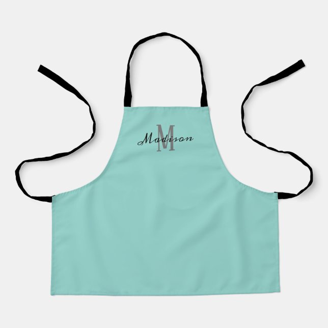 Cute Girly Teal Script Monogram Personalised Kids Apron (Front)