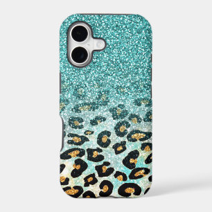 Cute girly trendy light blue faux glitter leopard