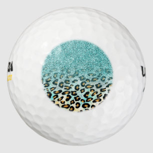 Cute girly trendy light blue faux glitter leopard golf balls