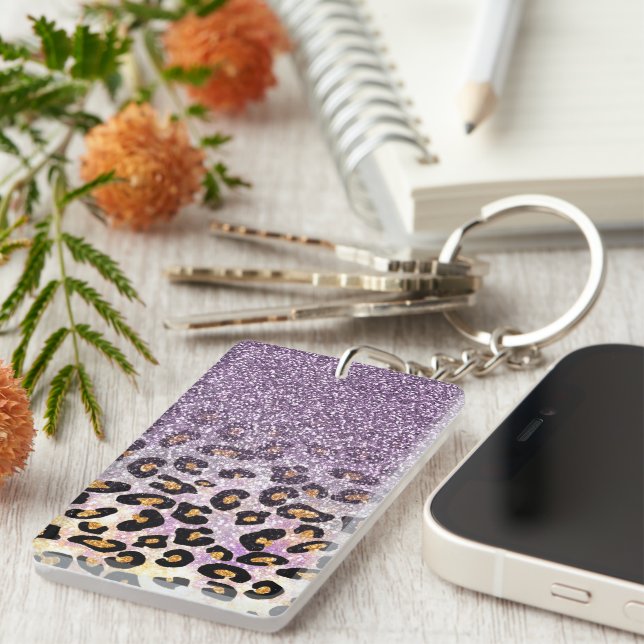 Cute girly trendy purple faux glitter leopard key ring (Front Right)