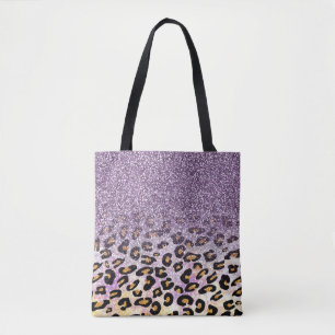 Cute girly trendy purple faux glitter leopard tote bag