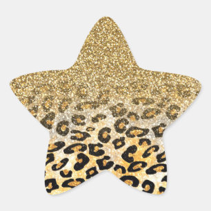 Cute girly trendy yellow gold faux glitter leopard star sticker