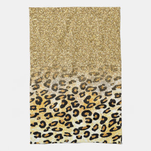 Cute girly trendy yellow gold faux glitter leopard tea towel