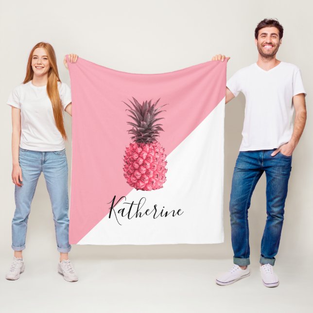 Cute girly tropical pink and white pineapple fleece blanket (In Situ)