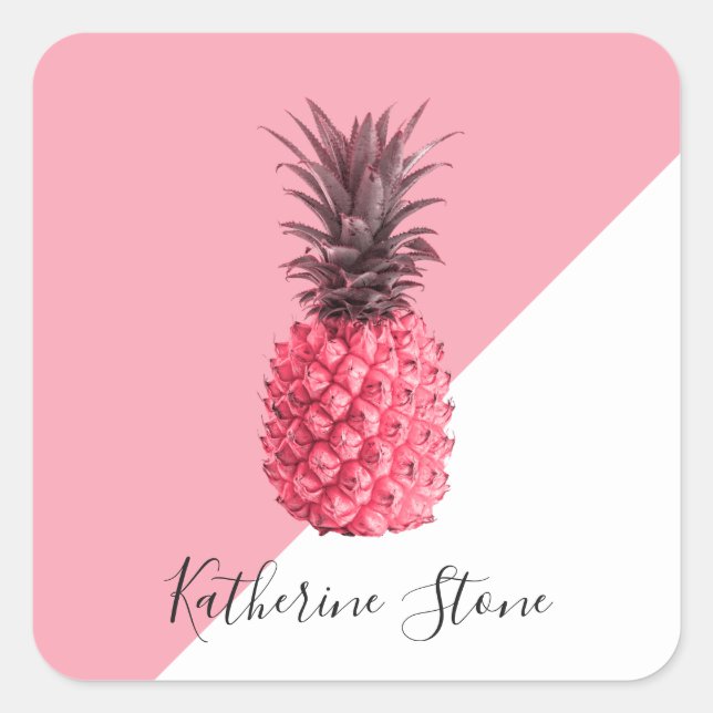 Cute girly tropical pink and white pineapple square sticker (Front)