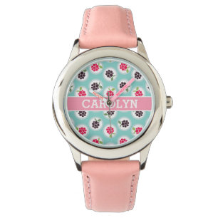 Cute girly turquoise raspberry patterns monogram watch