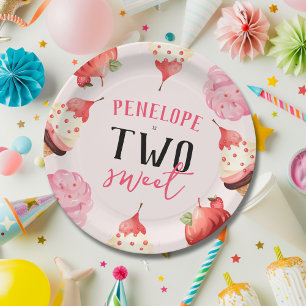 Cute Girly Two Sweet Ice Cream Birthday Paper Plate