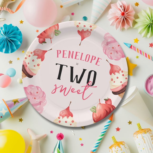 Cute Girly Two Sweet Ice Cream Birthday Paper Plate (Creator Uploaded)