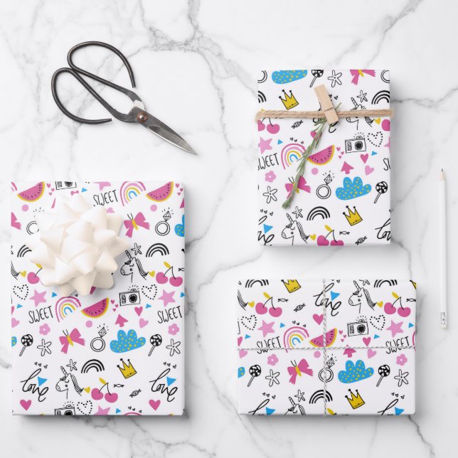 Cute Girly Unicorn Rainbow Hearts Colourful Patter Wrapping Paper Sheet (Front)