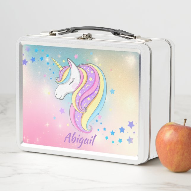 Cute Girly Unicorn Rainbow Sparkle Holographic Metal Lunch Box (In Situ)