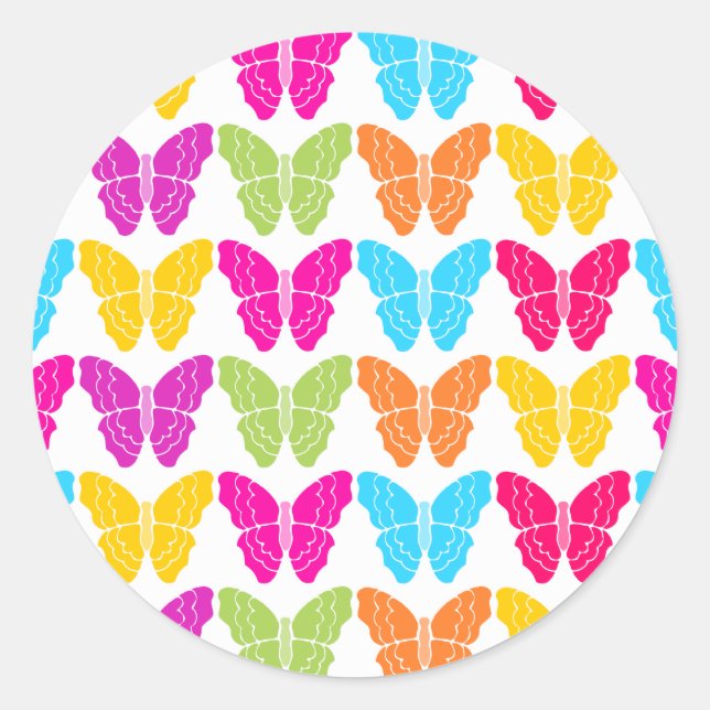 Cute Girly Vibrant Rainbow Butterfly Pattern  Classic Round Sticker (Front)