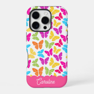 Cute Girly Vibrant Rainbow Butterfly Pattern Name iPhone 16 Pro Case