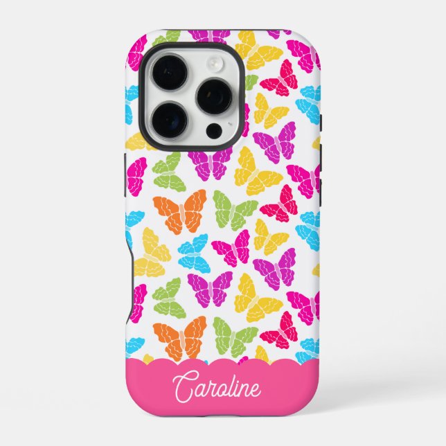 Cute Girly Vibrant Rainbow Butterfly Pattern Name iPhone Case (Back)