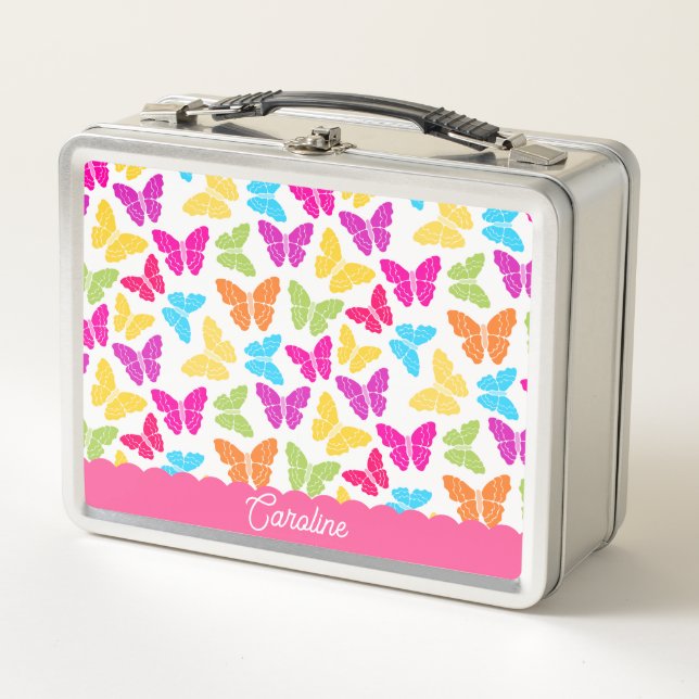 Cute Girly Vibrant Rainbow Butterfly Pattern Name Metal Lunch Box (Front)
