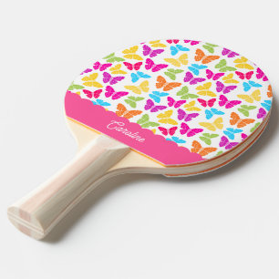 Cute Girly Vibrant Rainbow Butterfly Pattern Name Ping Pong Paddle