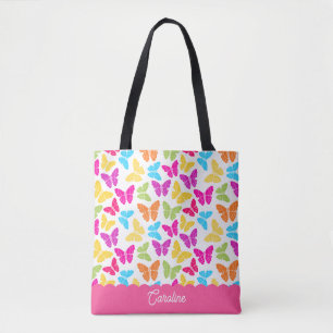 Cute Girly Vibrant Rainbow Butterfly Pattern Name Tote Bag
