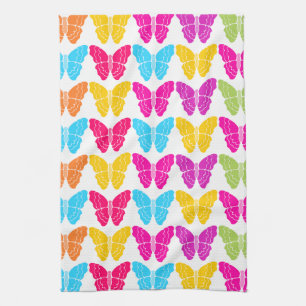 Cute Girly Vibrant Rainbow Butterfly Pattern  Tea Towel