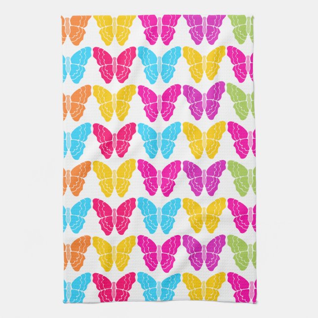 Cute Girly Vibrant Rainbow Butterfly Pattern  Tea Towel (Vertical)