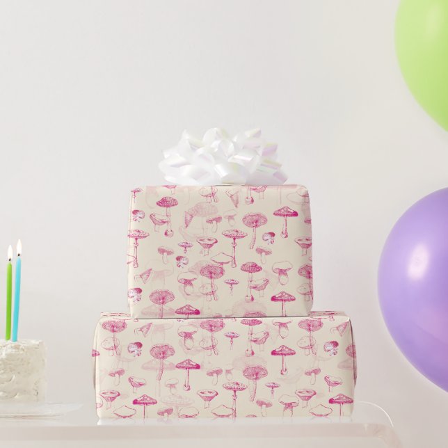 Cute Girly Vintage Pink Mushroom Pattern Wrapping Paper (Party Gifts)