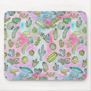 Cute Girly Watercolor Paint Summer Cactus Pattern Mouse Pad