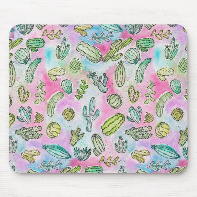 Cute Girly Watercolor Paint Summer Cactus Pattern Mouse Pad (Front)