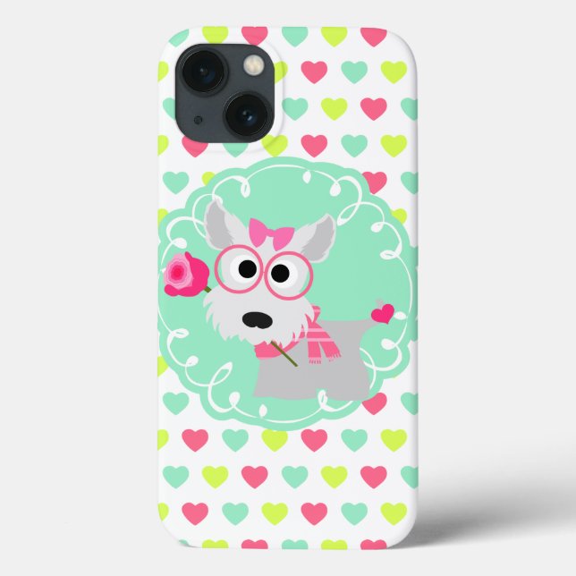 Cute Girly Westie Puppy Pink Mint Hearts Pattern Case-Mate iPhone Case (Back)