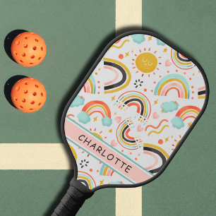 Cute Girly Whimsical Colourful Rainbow Heart Name Pickleball Paddle