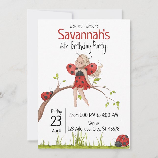 Cute Girly Whimsical LadyBug 6th Birthday Invitation (Front)