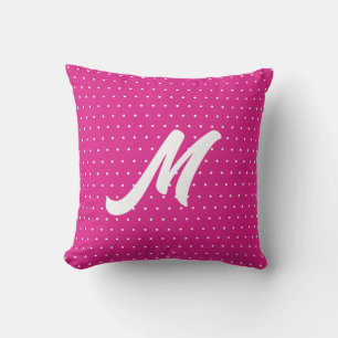 Cute girly white hot pink polka dots name monogram cushion
