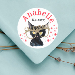 Cute Glam Black Cat Red Gold Glitter Party Star Classic Round Sticker