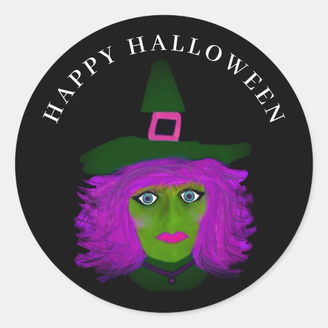 Cute Glam Halloween Witch Black Purple Classic Round Sticker (Front)