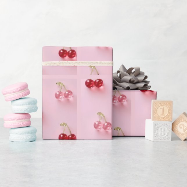 Cute Glass Cherry Pattern Pink Wrapping Paper (Baby Shower)
