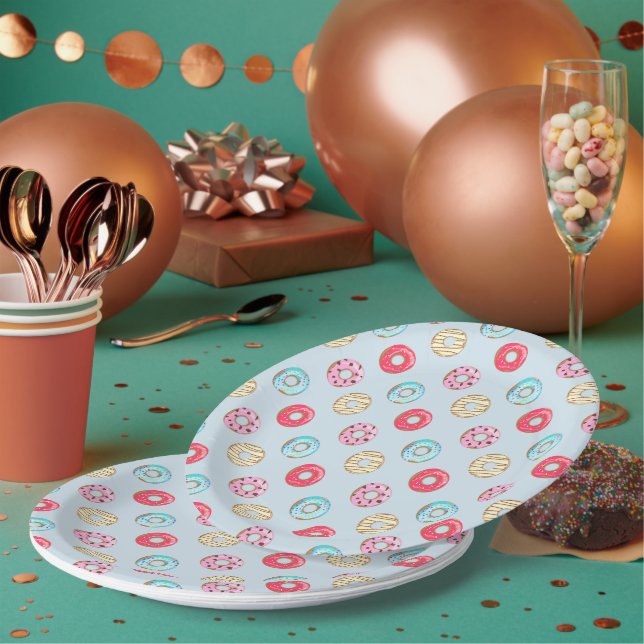 Cute Glazed Doughnut Pattern Light Blue Paper Plate (Multi)