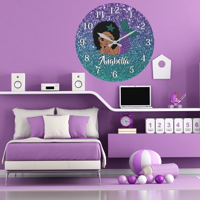 Cute Glitter African American Mermaid  Large Clock (Creator Uploaded)