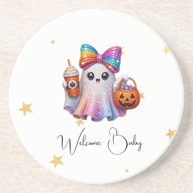 Cute Glitter Bow Ghost Halloween Coffee Mug Coaster (Front)