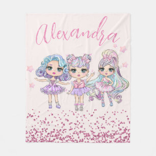 Cute Glitter Dolls Girl's Name on Pink Fleece Blanket