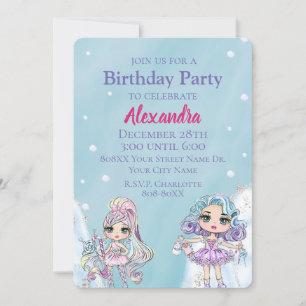 Cute Glitter Dolls Girl's Winter Birthday Invitation