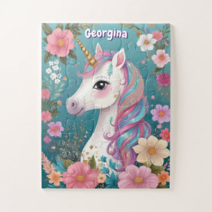 Cute Glitter Floral Unicorn Personalised Kids Jigsaw Puzzle