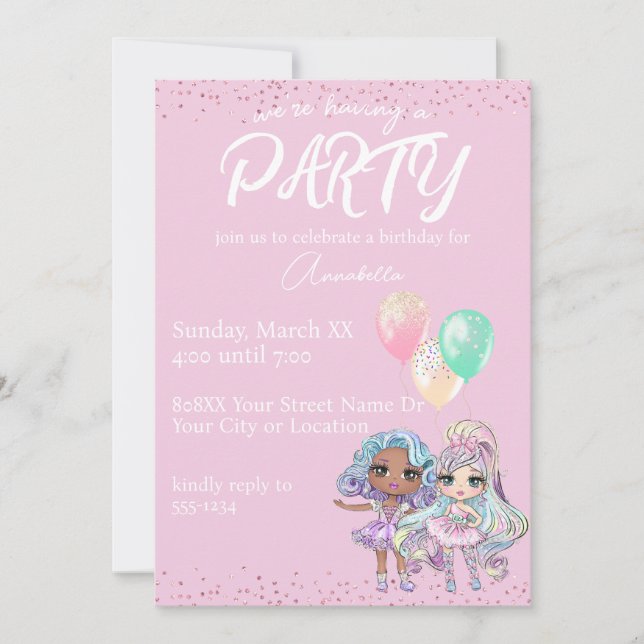 Cute Glitter Girl Dolls with Balloons on Pink Invitation (Front)