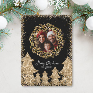 Cute Glitter Gold  Merry Christmas Family Photo  Invitation