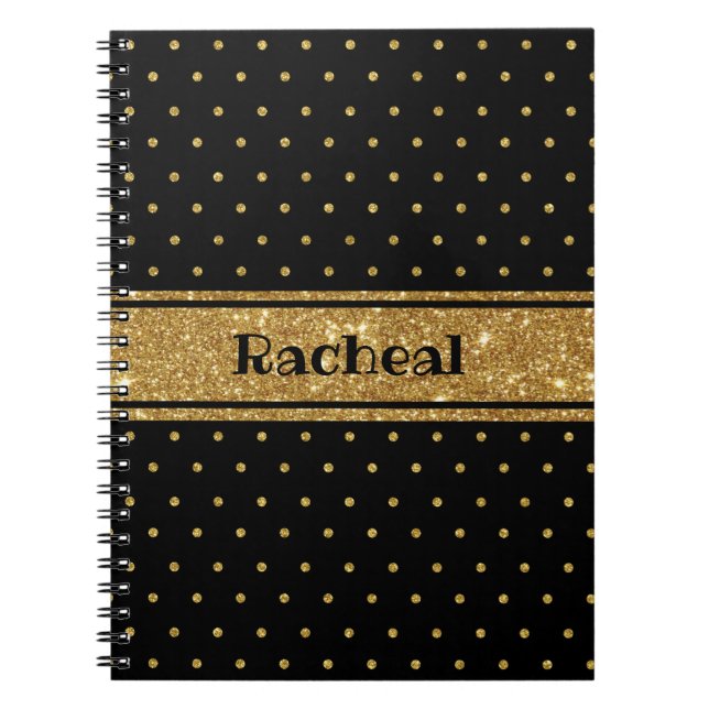 Cute Glitter Gold Polka Dots Personalised Name Notebook (Front)