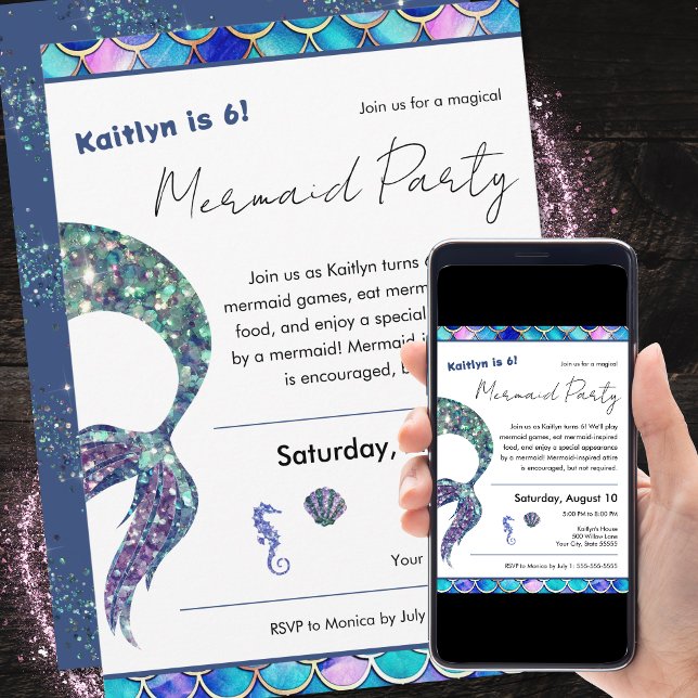 Cute Glitter Mermaid Girls Birthday Party Invitation (Creator Uploaded)