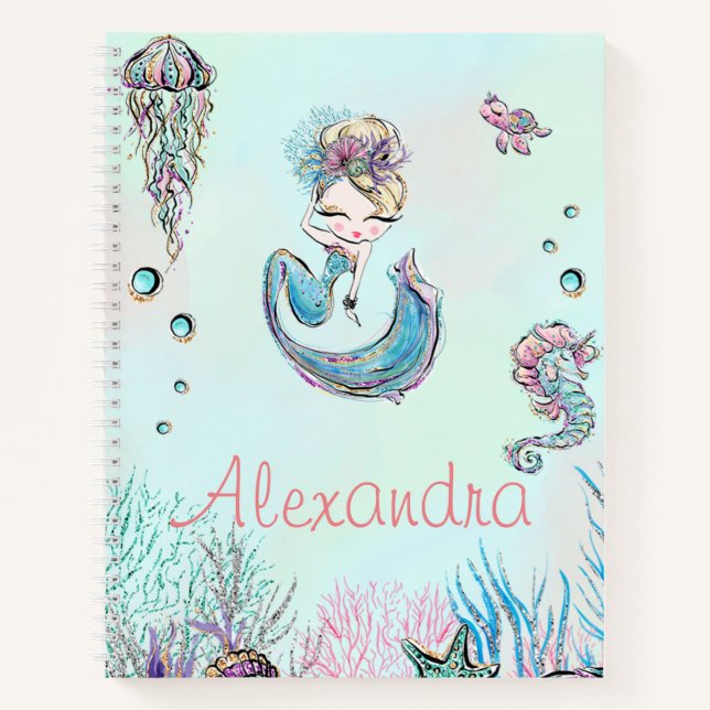 Cute Glitter Mermaid Under the Sea Notebook (Front)