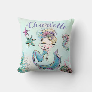 Cute Glitter Mermaid with Blonde Hair Custom Name Cushion