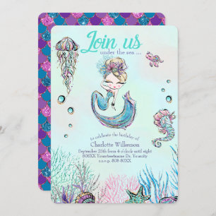 Cute Glitter Mermaid with Blonde Hair Invitation