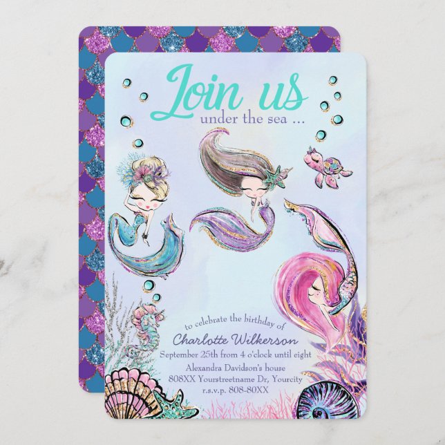 Cute Glitter Mermaids Under the Sea Invitation (Front/Back)