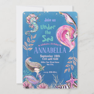 Cute Glitter Mermaids Under the Sea Party Invitation