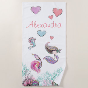 Cute Glitter Mermaids with Custom Name Beach Towel