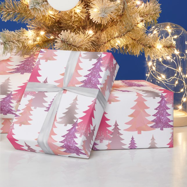 Cute Glitter Pink Christmas Tree Pattern Wrapping Paper (Holidays)